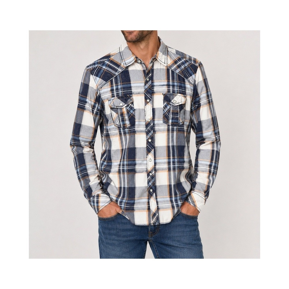 BKE Mens Plaid Western Pearl Snap Shirt Navy Orange Standard Fit Large L